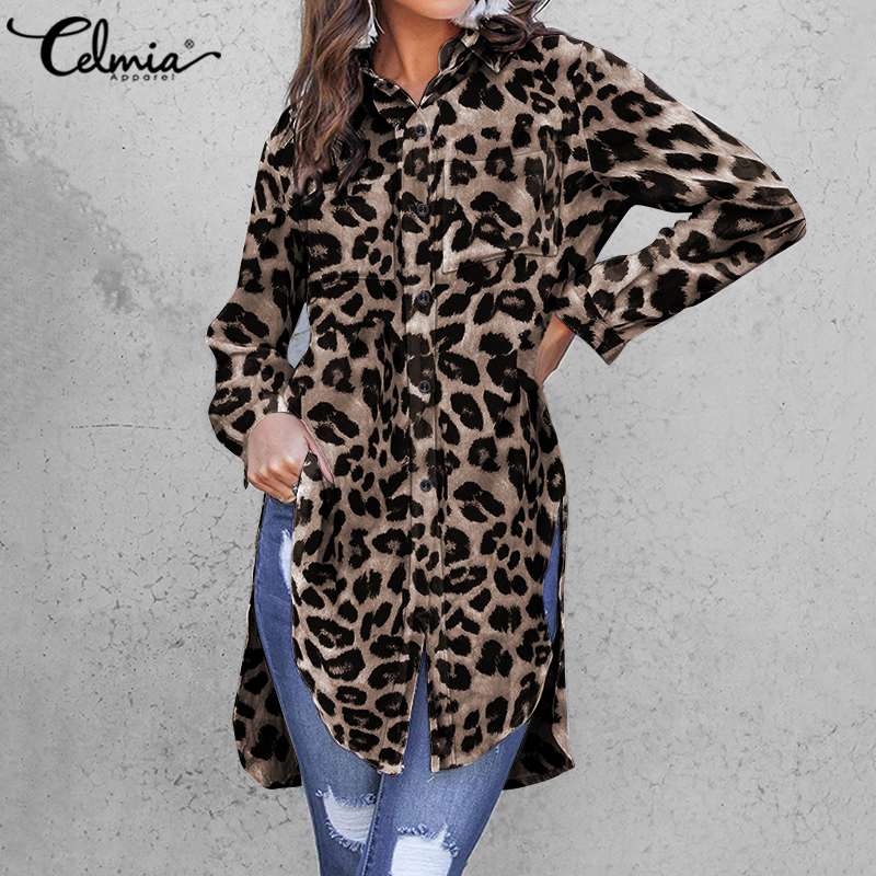 Celmia Women Blouses Fashion Leopard Printed Shirts 2023 Summer Long Sleeve Tunic Tops Casual Loose Buttons Office Lady Blusas