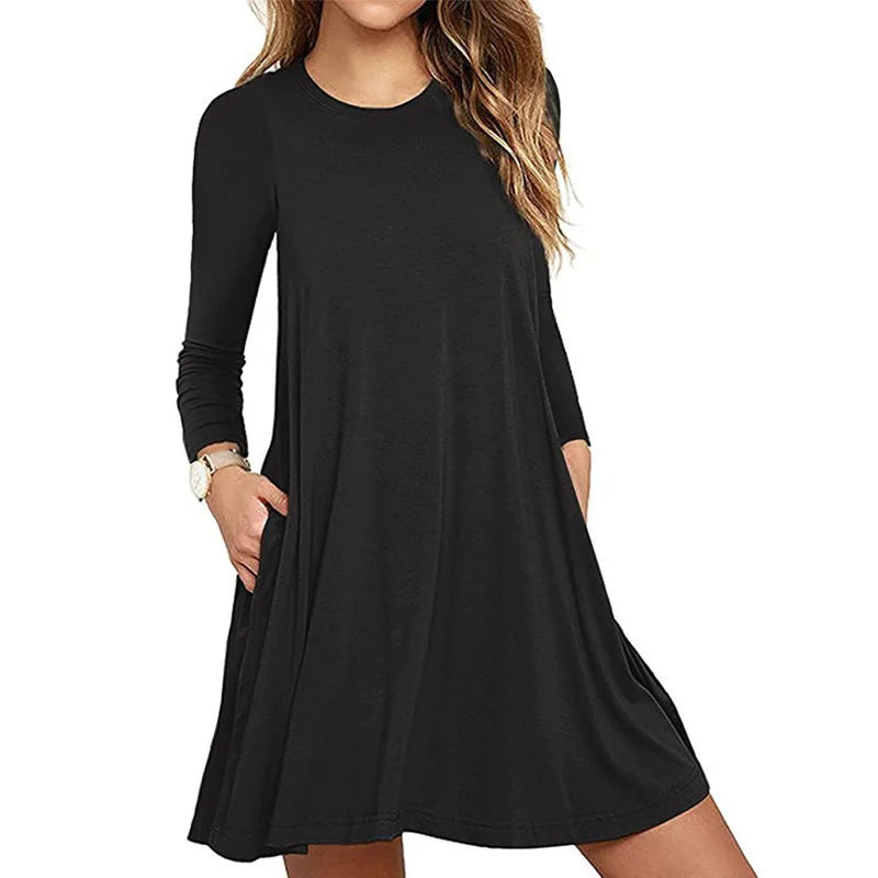 New Style for Autumn and Winter Women's New Solid Color Long Sleeve Pocket Dress  dress for women  long sleeve dress