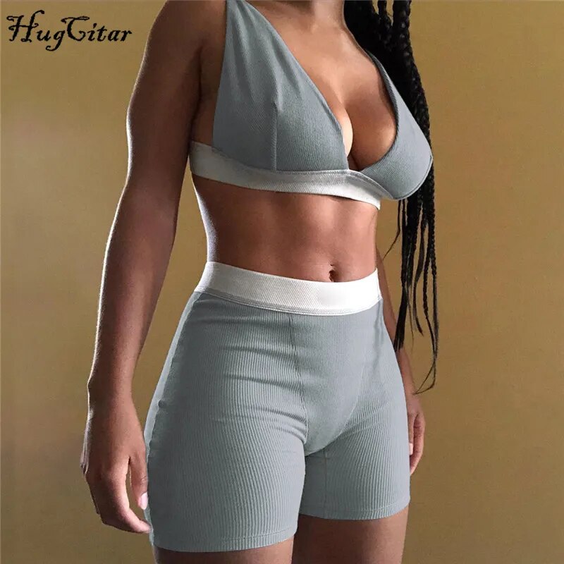 Hugcitar 2021 Sleeve V-Neck Sexy Crop Tank Top Biker Shorts 2 Piece Set Autumn Winter Women Fashion Streetwear Tracksuit