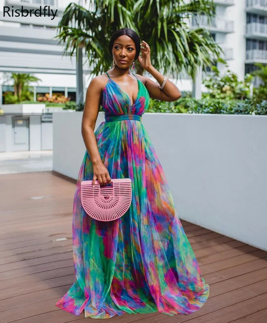 Polyester Summer  African Women V-neck Sleeveless Printing Long Dress African Dresses for Women Plus Size Clothing for Women