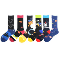 Happy Funny Unisex Painting UFO Astronaut Outer Space Rocket Star War Men Crew Socks Streetwear Cotton Male Skateboard Dress