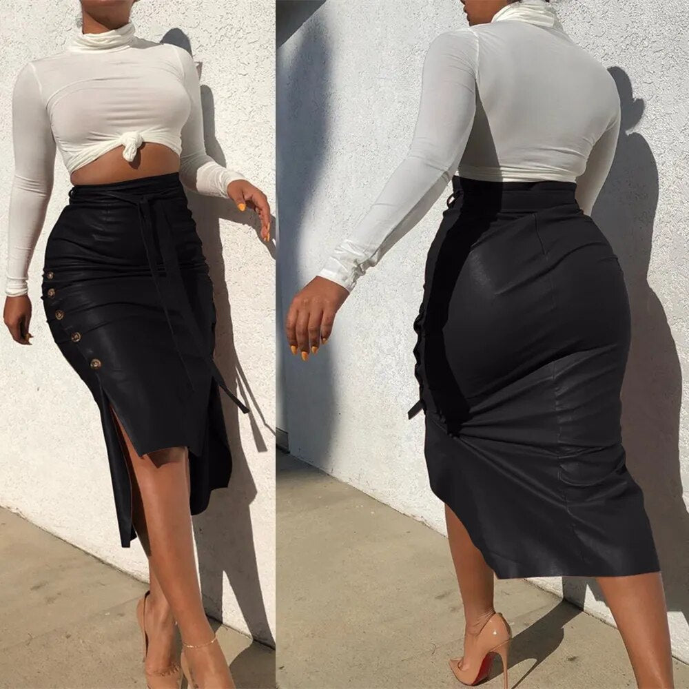 BKLD 2020 New Fashion Autumn Sexy Side Slit Button Midi Skirt High Waist PU Faux Leather Skirt With Belt Office Lady Style Skirt