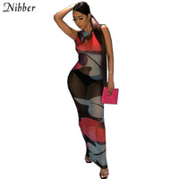 Nibber sexy mesh Patchwork design long bodycon dresses women summer club party night wear black  see-through Maxi dresses female