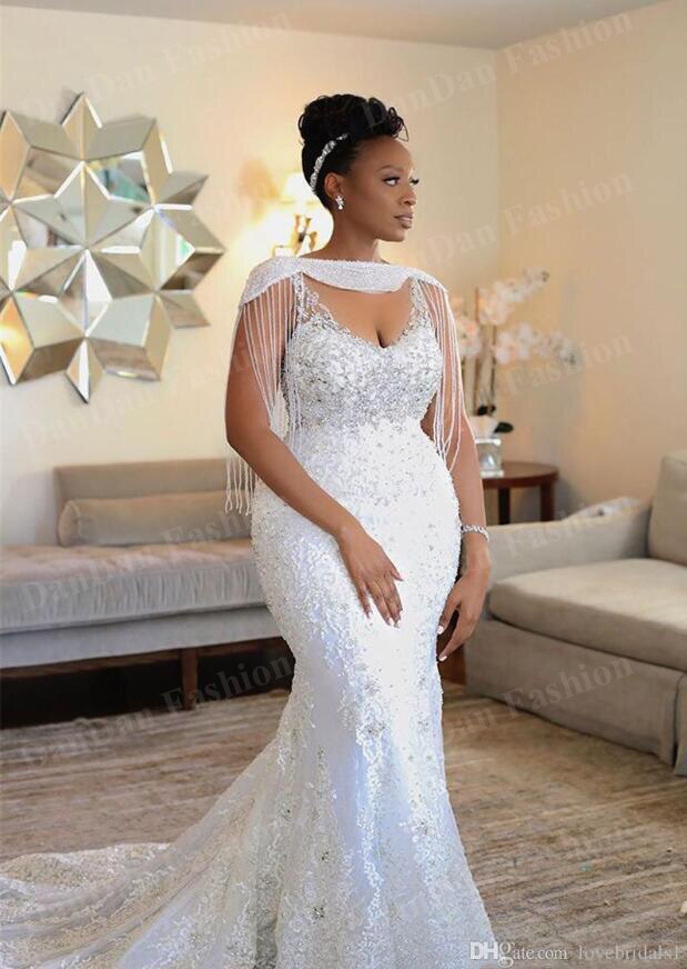 Mermaid Weddding Dreses Wrap Beading Crystal Lace Appliqued Sexy Bridal Gowns south African Plus Size Marriage Gowns