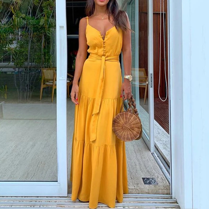 Summer Green Tunic Maxi Dress V Neck Robe Femme Belt Elegant Ruffles Party Long Dresses Spaghetti Strap Casual Vestidos Mujer