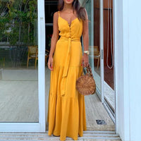 Summer Green Tunic Maxi Dress V Neck Robe Femme Belt Elegant Ruffles Party Long Dresses Spaghetti Strap Casual Vestidos Mujer