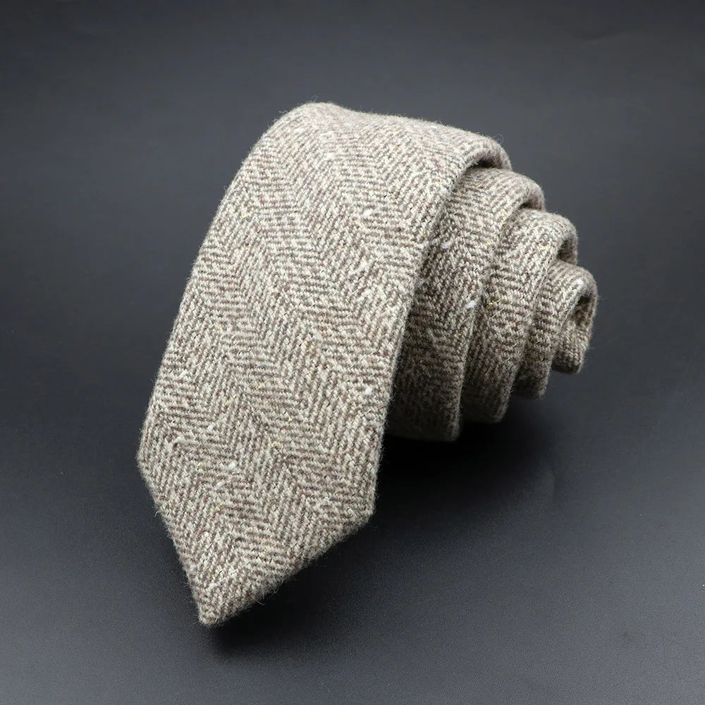 Classic Brown Grey Plaid Striped Wool Necktie Narrow Collar Slim Cashmere Tie For Man Suit Party Casual Accessory Cravat Gift