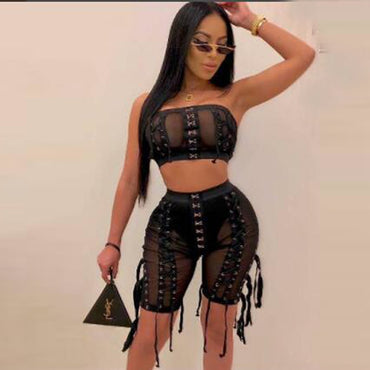 Sexy mesh perspective Women's Two Piece Set Top and shorts 2 Piece Set Club Celebrity Party Pants Suit 2022 Summer New Fashion