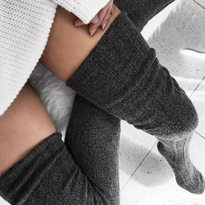 Women Over Knee Socks Fashion Female Sexy Stockings Warm Long Boot Knit Thigh-High Gray Khaki Blue Black