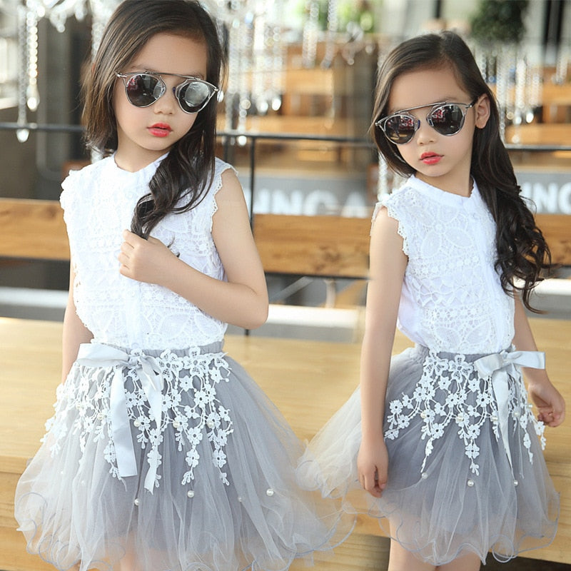 Girls Clothing Sets Summer Lace T-Shirts Floral Tutu Skirt 2Pcs Suits Girls Clothes Sets