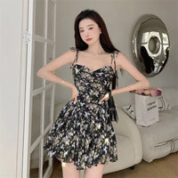 Dresses Women Floral French Style Retro Spaghetti Straps Lace-up Holiday Streetwear Lady Girls Fashion Summer Empire Female BF