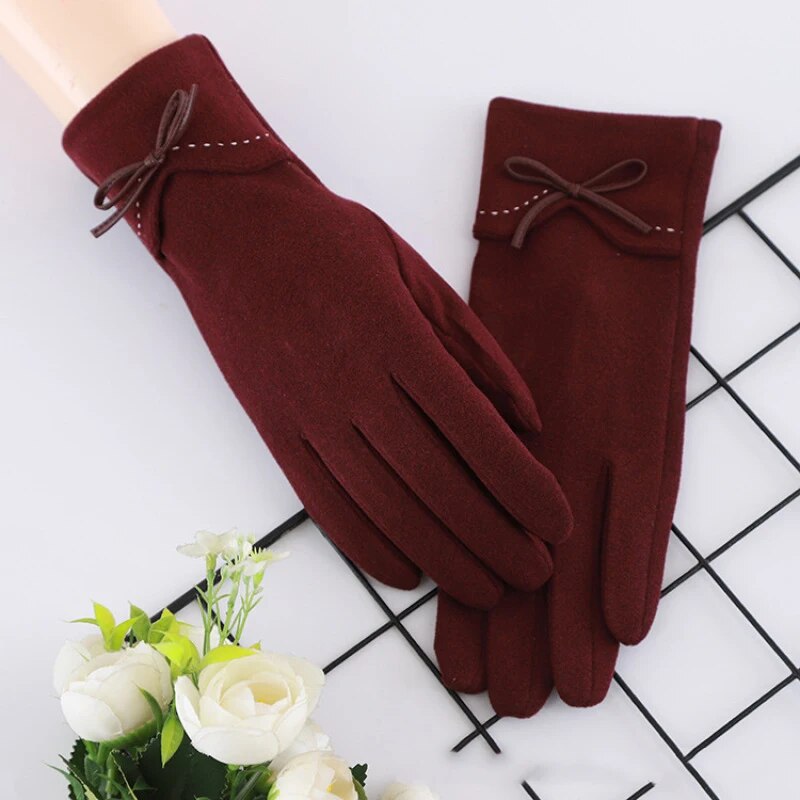 Autumn Winter Women Thin Section Keep Warm Touch Screen Single Layer Windproof Cycling Bowknot Cute Lovely Elasticity Gloves