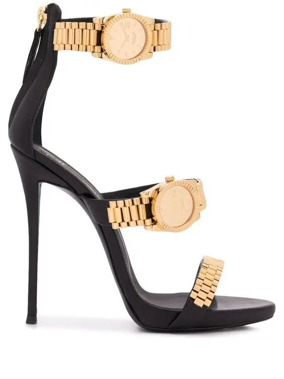 Black Golden Watch Embelished High Heel Sandals Gladiator Open Toe Woman Ankle Strap Thin High Summer Party Dress Shoes