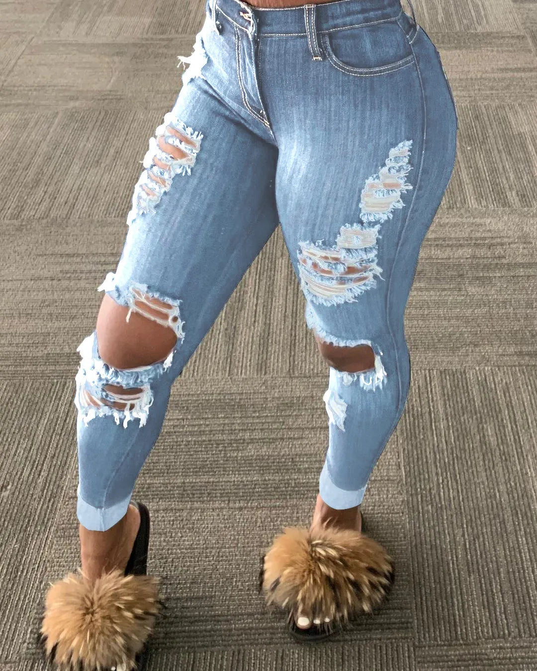 Women Fashion Slim Fit Jeans Hot Washed Color Ripped Hole Tassel Stretchy Mid-waist Denim Pencil Long Pants Trousers