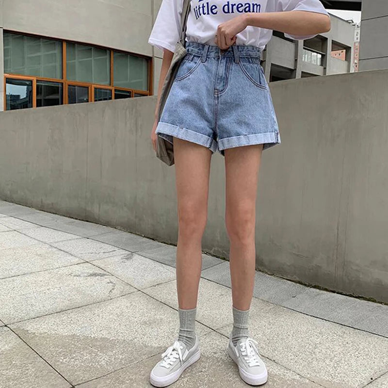 High Waisted Denim Shorts for Women Casual Loose Shorts Ladies Fashion Elastic Waist Wide Leg Short Jeans Summer New 2024