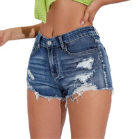 New Arrival Women's High-Elastic Blue Denim Shorts Breathable Holes Cut Washed Technique Summer Casual Rhinestone Waist