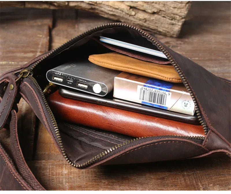 PNDME retro multifunctional genuine leather men's chest bag crazy horse cowhide waist pack sports small shoulder messenger bags
