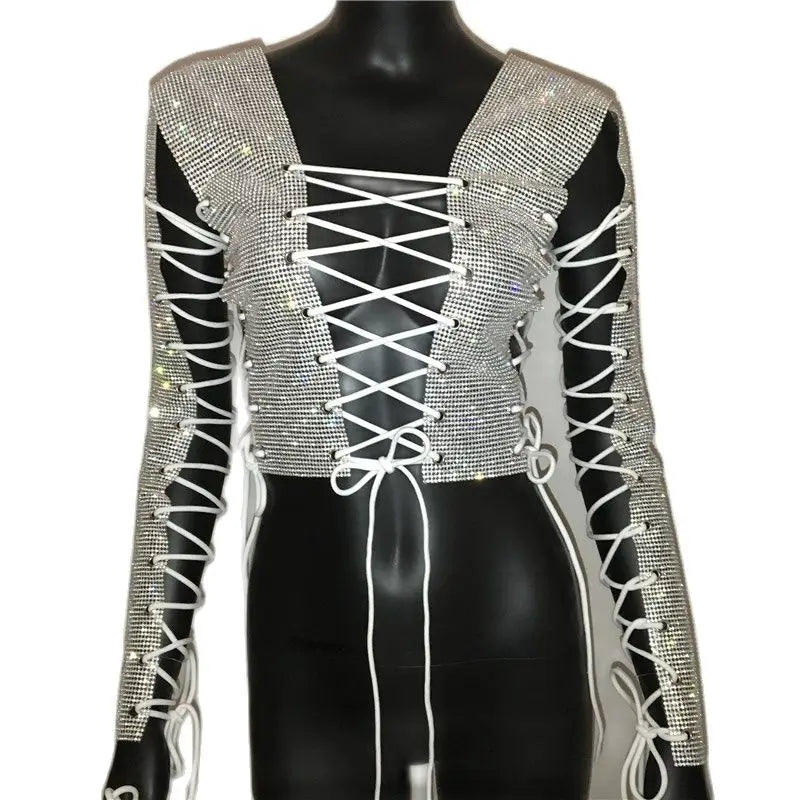 Glitter Rhinestones Criss Cross Bandage T Shirt Crystal Diamonds Long Sleeve Crop Top Sexy Women Club Party Fashion Tops 2022