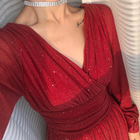 Sexy V neck Women Long Sleeve Dress Glitter Elegant Ladies Pleated Slim Maxi Dress Evening Party Female Long Dress Vestidos