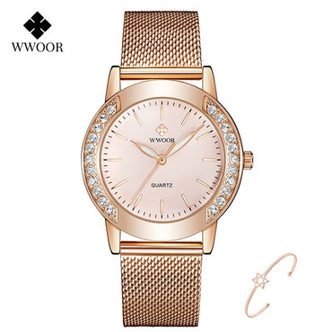 WWOOR Luxury Diamond Ladies Watches 2022 Top Brand Fashion Women Quartz Wrist Watch Rose Gold Mesh Band Bracelet Watch For Women