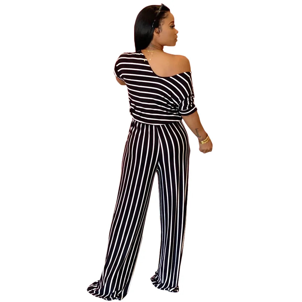 VOLALO Women Causal Striped Short Sleeve Jumpsuit  Loose Fit Summer Long Pants Daily Overalls Comfy Jumpsuit