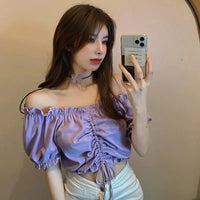 Fashion Blouses Woman Sexy Off Shoulder Crop Top Ruffles Shirt Puff Sleeve Harajuku Tee Shirt Chiffon Youth Elegant Blouse