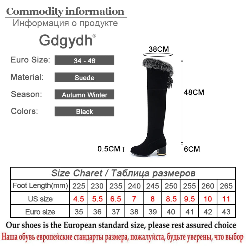 Gdgydh Natural Fur Winter Boots Women Knee High Long Boots Square Heel Winter Shoes Woman Waterproof Rubber Sole Plus Size 46