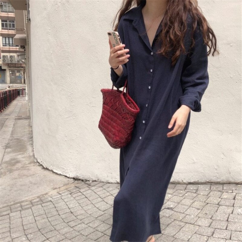 TVVOVVIN Easy Shirt Dress Urban Leisure Single Breasted Long Fund Loose Form Lazy Style Cotton And Linen Dresses L262