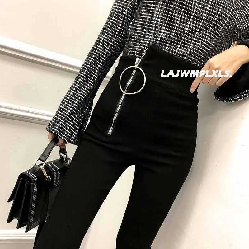 2022 Autumn Spring New Black leggings Casual Elastic High Waist stretch feet pants women's Metal Buttons was thin Pencil Pants