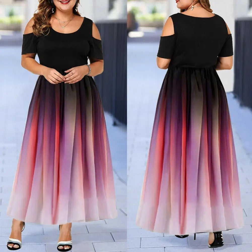 Large Big Size Long Dresses Women Summer Short Sleeve Casual Swing Dress, Female Gradient Print Elegant Maxi Dress