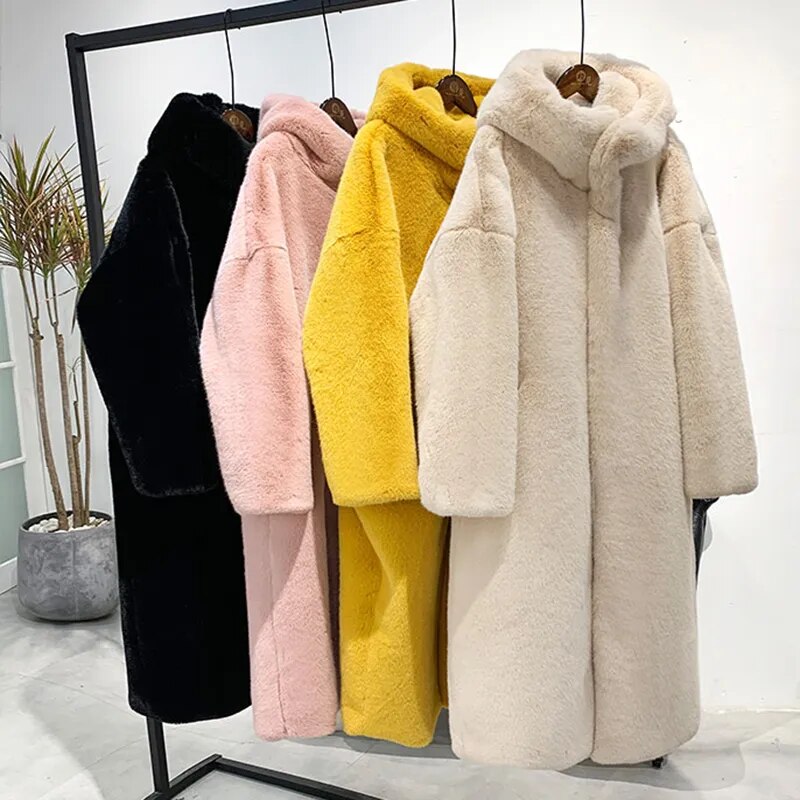 Winter Women High Quality Faux Rabbit Fur Coat Luxury Long Fur Coat Loose Lapel OverCoat Thick Warm Plus Size Female Plush Coats