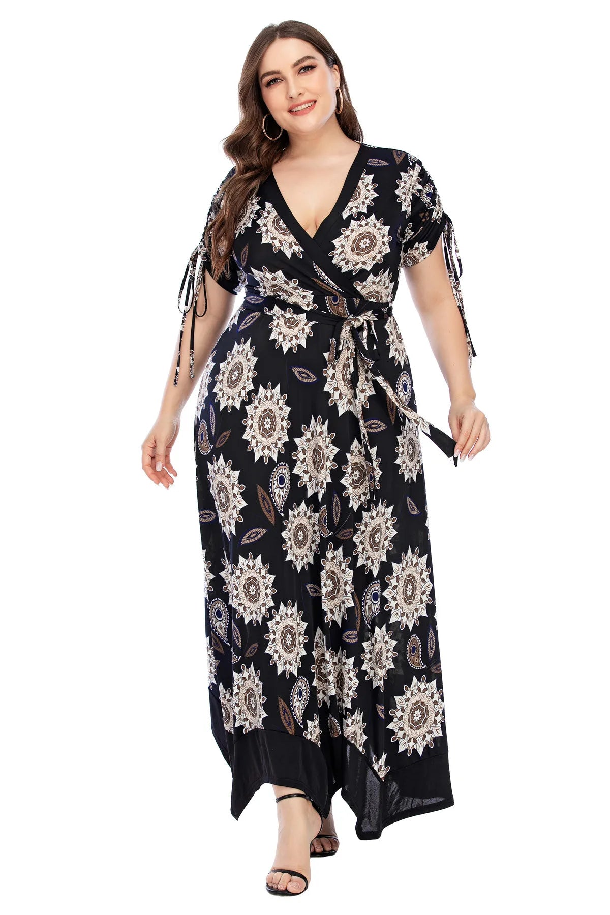 4XL 5XL Plus Size Women Clothing 2021 Summer Women V Neck Short Sleeve Geometric Print Causal Dress Maxi Long Dresses