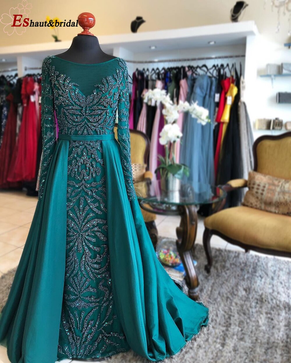 Elegant Mermaid Evening Night Dress for Women 2023 Muslim O Neck Long Sleeves Beads Sequin Formal Prom Wedding Party Gowns