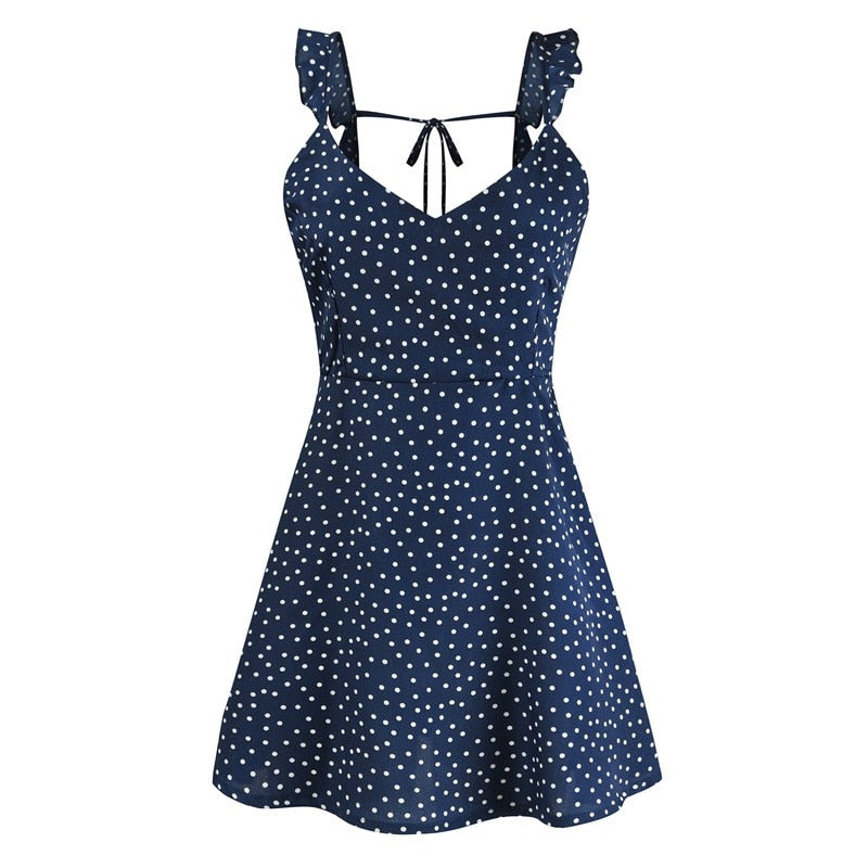 Women Dresses Summer Sexy Dress Ladies High Waist Dot Printing Mini Dresses Vestidos Back Lacing Straps Backless Dress