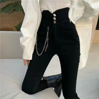 2022 Autumn Spring New Black leggings Casual Elastic High Waist stretch feet pants women's Metal Buttons was thin Pencil Pants