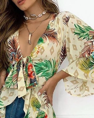 Sexy 2022 Women's shirt Tropical Print Flare Sleeve Top V-Neck Long Sleeve Casual Shirt