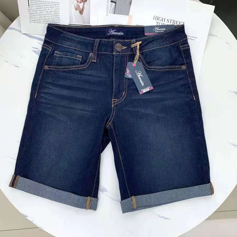 Summer Fashion Shorts Women High Waist knee length Jeans Elastic Flanging Breeches Feminino Five Points Denim Shorts Plus Size