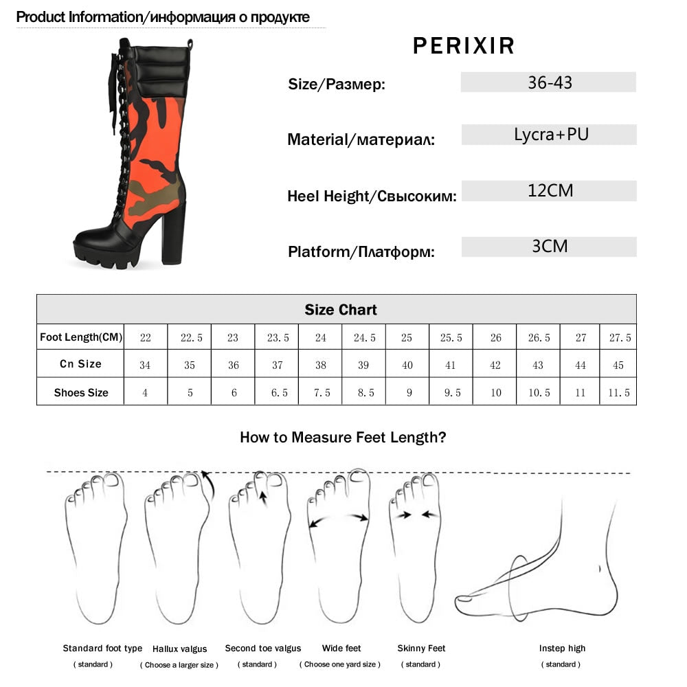 Perixir Boots Women Fashion Camouflage Print Long Boots Winter Thick Heel Platform Mid-Calf Boots Knee High female+shoes