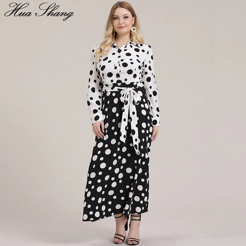 5XL Plus Size Dress Women 2019 Autumn Long Sleeve Polka Dot Print Shirt Dress White And Black Contrast Color Maxi Long Dresses