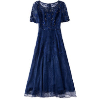 Early autumn new style round collar slim mesh yarn dress short sleeve high waist Embroidered Beaded A-shaped dresses