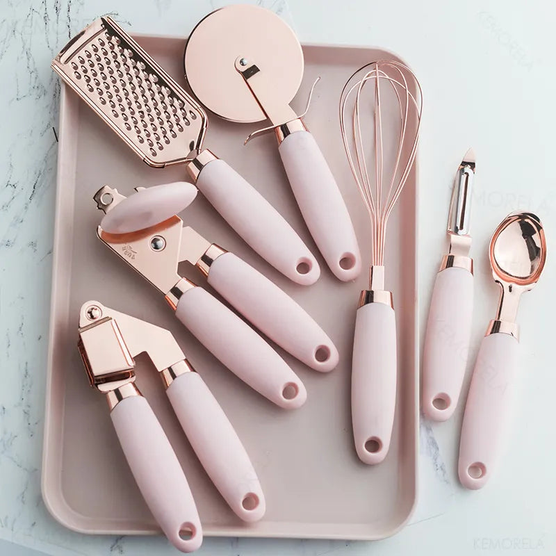 7PC Rose Gold Kitchen Gadget Set Can Opener Potato Cooking High-End Garlic Press Pizza Cutter Kitchenware Tools Accessories Sets