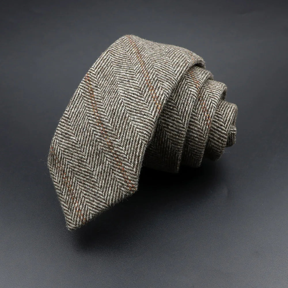 Classic Brown Grey Plaid Striped Wool Necktie Narrow Collar Slim Cashmere Tie For Man Suit Party Casual Accessory Cravat Gift