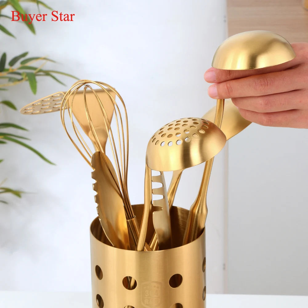 1PC Stainless Steel Kitchen Cookware Gold Cooking Utensils Soup Spoon Eggbeater Food Clip Rice Colander Skimmer Cooking Utensils