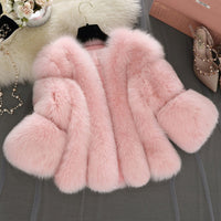 HJQJLJLS 2021 Winter Women Thick Warm Pink Fur Coat Fashion Faux Fox Fur Coat Female Three Quarter Sleeve Artificial Fur Jacket