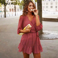 2020 Summer Women Ruffles Lace Chiffon Dress Boho Mini Beach Dress Three Quarter Sleeve Ladies Party Dresses Vestido