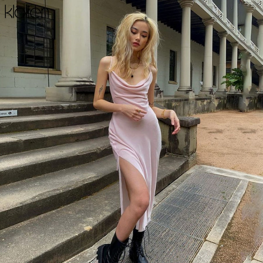 KLALIEN Fashion Elegant Party Strap Dress Women Summer 2021 New Solid Pink Simple Office Lady Street Vacation Beach Dress