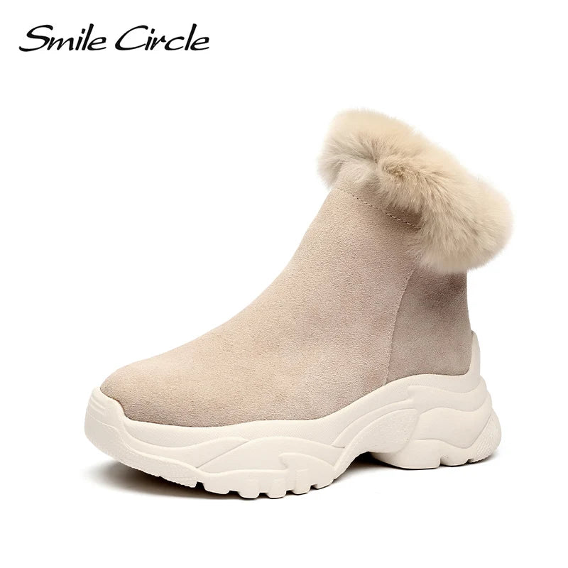 Smile Circle Suede leather Ankle Boots Women Flat platform shoes winter plush Keep warm Thick bottom Short Boots Ladies snow boo