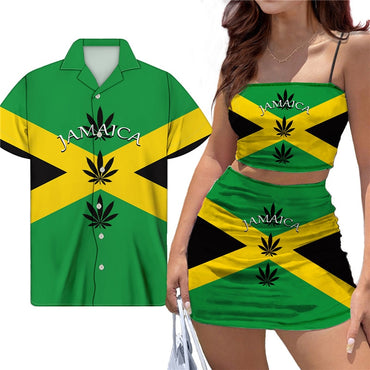 Jamaica Flag Print Women Sexy Halter Top Mini Dress Couple Clothes For Club Party Loose Men Shirt Match Girls Bodycon Skirt Set