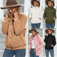 New White Winter Women Teddy Bear Coat Stand Collar Loose Plush Jacket Zipper Solid Warm Outwear Faux Lamb Coats