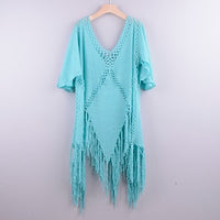 CROCHET BIKINI Backless Cover Up With Tassels Sexy V-neck Halter Beach Dress Women Summer Bathing Suit Beachwear